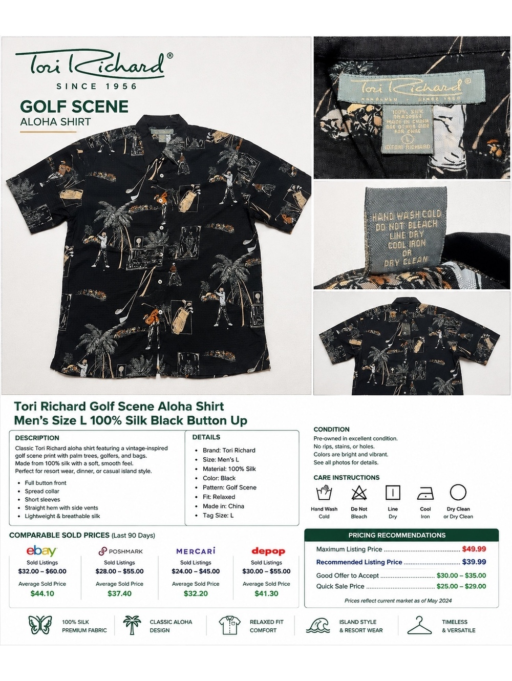 Tori Richard Men’s L 100% Silk Golf Hawaiian Aloha Shirt Black Short Sleeve